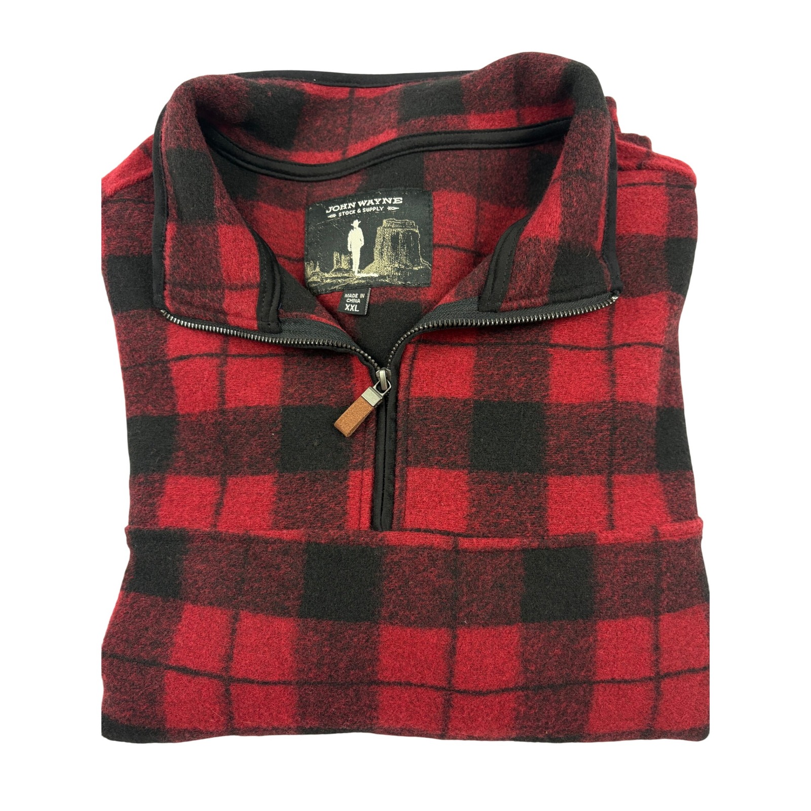 John Wayne Stock & Supply Mens Xxl Red Black Buffalo Plaid Quarter Zip Pullover